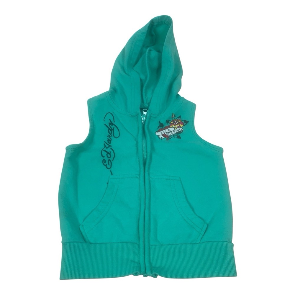Y2K Ed Hardy Girls 18 months Sleeveless Zip-up Jacket Hood Teal Love Eternal